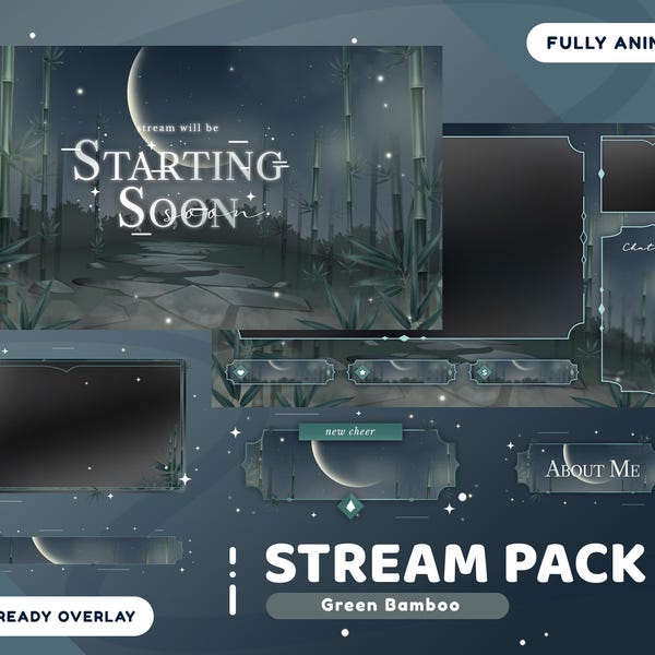 Green Bamboo Animated Stream Overlay Package for Twitch Bundle, Night Forest Overlay Package, Webcam Stream, Chill, Nature, Fantasy, Moon
