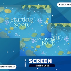 Green Lake Animated Stream Screen Package for Twitch, Aesthetic Blue Green Water Themed Twitch Overlay, Fantasy Lotus, Nature Overlay Bundle
