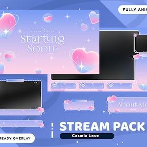 May include: A pink and blue animated Twitch stream pack with a cosmic love theme. The pack includes a starting soon screen, a chat box, a donation panel, a social media panel, and an about me panel. The pack also includes a variety of animated hearts and stars.