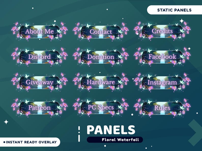 Floral Waterfall Animated Stream Overlay Package for Twitch Bundle, Pink Floral Stream Package, Forest, Butterfly, Watery, Webcam Stream image 9