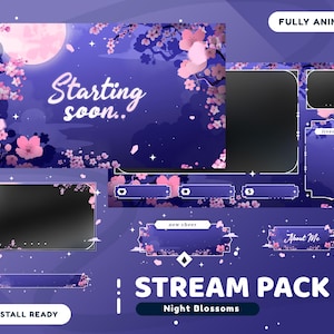 Night Blossoms Animated Stream Overlay Package for Twitch Bundle, Cherry Blossom Dream Overlay, Midnight Cherry Blossom Background, Webcam