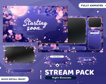 Night Blossoms Animated Stream Overlay Package for Twitch Bundle, Cherry Blossom Dream Overlay, Midnight Cherry Blossom Background, Webcam
