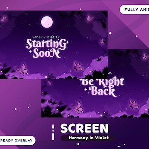 Harmony In Violet Animated Stream Screen Package for Twitch, Purple Stream Design, Violet Vtuber Overlay, Butterfly Overlay, Cozy Stream