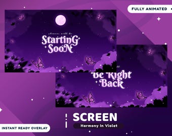 Harmonie in Violett Animierter Stream Bildschirm für Twitch, Purple Stream Design, Violet Vtuber Overlay, Butterfly Overlay, Cozy Stream
