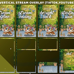 May include: Vertical stream overlay design for TikTok and YouTube. The design features a cartoon tiger wearing a flower crown, with text overlays such as "stream offline", "stream ending", "be right back", and "starting soon". The background includes a brick wall and potted flowers.
