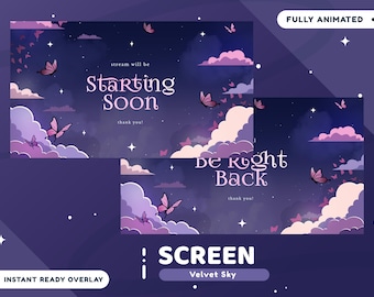 Samtiger Himmel animierter Stream-Schirm-Paket, Lila-Rosa-Spur-Twitch, Schmetterlings-Spur Vtuber, Verträumter Stream-Schirm, Süßer Overlay-Schirm