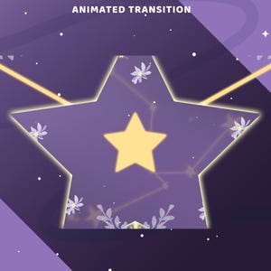 May include: A digital graphic with a large star shape in shades of purple, with a smaller yellow star in the center. The star is decorated with white floral accents and constellations. The words "ANIMATED TRANSITION" are at the top.