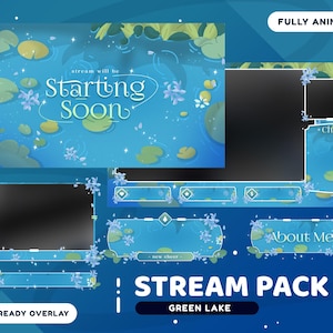 Paquete de superposición de transmisión animada de Green Lake para Twitch Bundle, superposición de Twitch verde, Vtuber acuático, color tranquilo, panel, alerta, transición