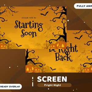 Peut inclure: Superposition d'écran sur le thème d'Halloween avec un fond orange et marron. La conception comprend des silhouettes d'arbres, de chauves-souris et de citrouilles. Le texte sur la superposition indique "Starting Soon" et "Right Back". La superposition est entièrement animée.