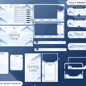 Puede incluir: Un conjunto de superposición digital para transmisión en vivo, con un diseño de nubes de acuarela azul y blanco. Incluye cuadros de chat, un horario y etiquetas para donaciones, suscriptores y TikTok. El texto incluye "Starting Soon" y "Chat".
