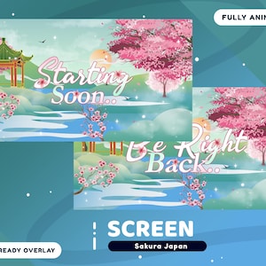 Sakura Japan Animated Stream Screen Package for Twitch, Pink Cherry Blossom Overlay Screen, Animation Twitch Japanese Theme Vtuber Overlay
