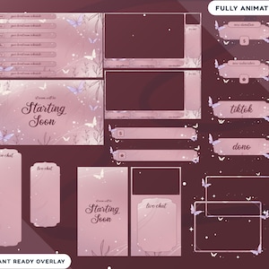 May include: A digital overlay set in shades of pink and purple, featuring butterfly and floral designs. The set includes various animated elements for live streaming, such as chat boxes, donation alerts, and a "Starting Soon" screen. The text "tiktok" and "dono" are visible.