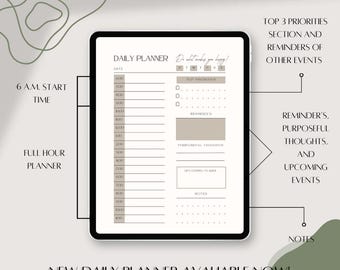 Peut inclure: Un modèle de planificateur quotidien numérique affiché sur l'écran d'une tablette. Le planificateur comprend des sections pour les priorités principales, les rappels, les pensées utiles, les projets à venir et les notes. Le texte "Do what makes you happy!" est en haut du planificateur.