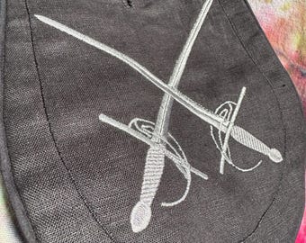 18th Century Style Pocket black embroidered on linen.  Crossed Swords Embroidery. Historic and history bounding for everyday!
