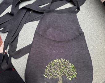 18th Century Style Pocket black embroidered on linen.  Tree of life embroidery. Historic and history bounding for everyday!