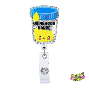 Carretel de crachá engraçado para amostra de urina – Porta-identidade retrátil para enfermeiras “Urine Good Hands” – Presente de humor médico fofo para médicos e técnicos de laboratório