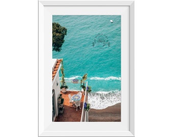 Hotelbalkon Blick auf Positano Beach | Italien Poster | Küsten Fotografie | Amalfiküste Wandkunst | Küstenwandkunst | Italienischer Strand