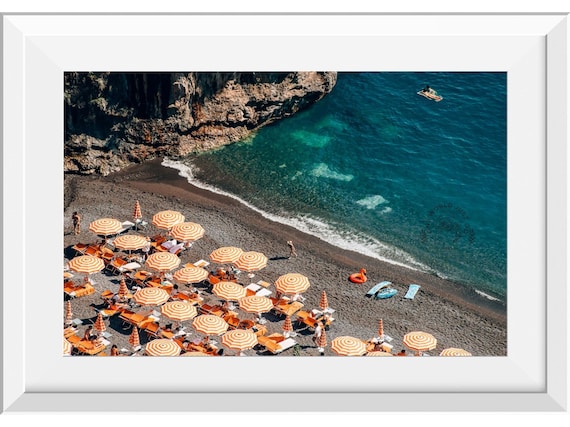 Italian Beach Club Orange Umbrellas Landscape Photo, Arienzo Beach Club Positano Print, Positano Beach Photo Wall Art,  Amalfi Coast Print