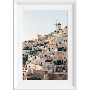 Oia Santorini windmolens foto, Santorini witte architectuur print, neutrale Europese fotografie, Griekse eiland fotografie, Santorini print