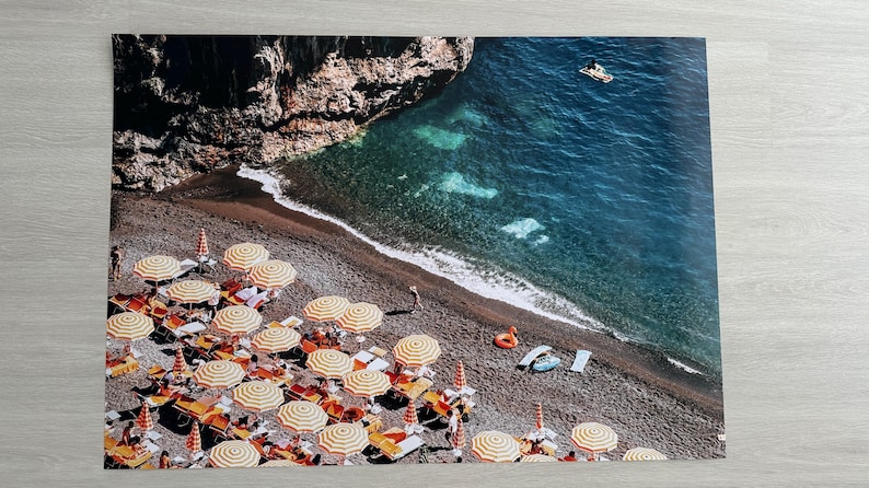 Italian Beach Club Orange Umbrellas Landscape Photo, Arienzo Beach Club Positano Print, Positano Beach Photo Wall Art, Amalfi Coast Print image 4