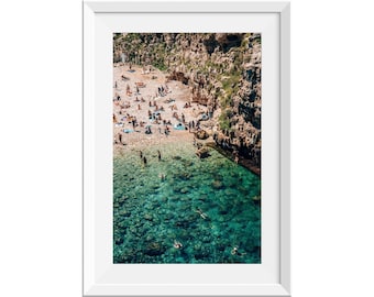 Summer Beach Photo Print, Aerial View of Polignano a Mare Beach, Puglia Italy Wall Art, Swimmers at Beach Print, Italian Beach Wall Art,