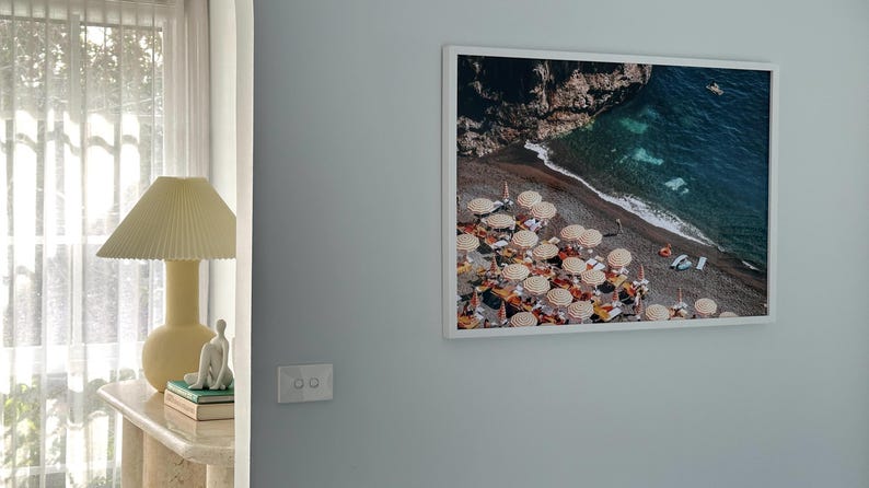 Italian Beach Club Orange Umbrellas Landscape Photo, Arienzo Beach Club Positano Print, Positano Beach Photo Wall Art, Amalfi Coast Print image 3