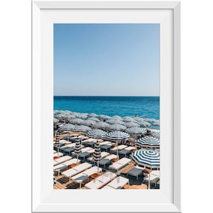 French Riviera Beach Club with Blue and White Umbrellas, French Riviera Beach Umbrellas Photography, French Riviera Coastal Summer Wall Art