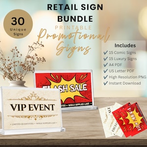 Op de afbeelding: Een pakket met 30 printbare promotieborden voor de detailhandel. Bevat 15 strip- en 15 luxe borden in A4- en US Letter PDF-formaten, plus PNG-bestanden met hoge resolutie. Displays tonen een VIP EVENT-bord en een FLASH SALE-bord.