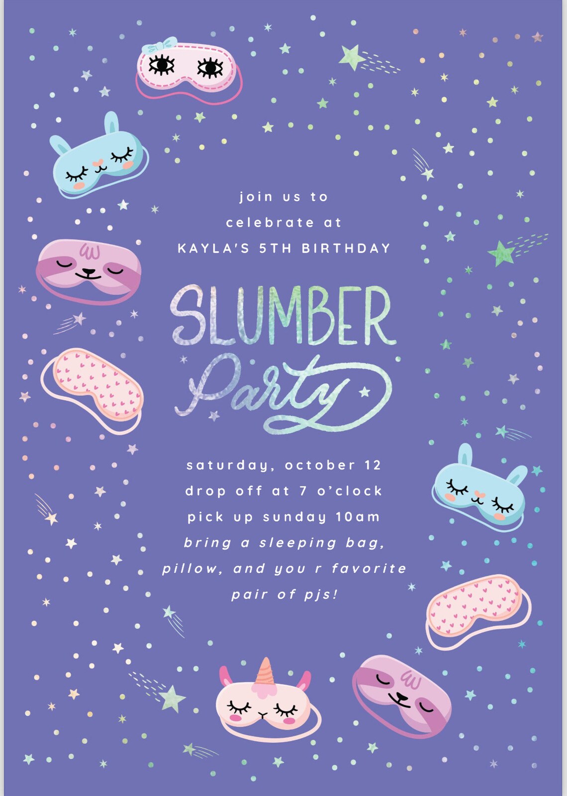 Slumber Party Birthday Invitation Digital and Printable Standard Size ...