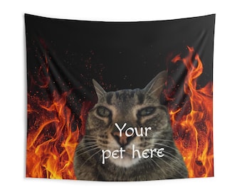 Tapices de pared para interiores con divertidas mascotas en llamas, tapiz personalizado para dormitorio, decoración de pared única de animales, retrato personalizado de mascota, universidad