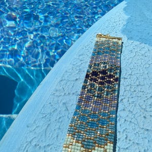 &quot;Ocean Blue&quot; Cuff Bracelet - Blue and Gold Miyuki Beads - Elegant Handmade Jewelry