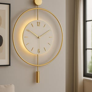 LED Light Metal Wall Clock, Unique Gold Living Room Clock