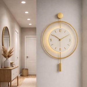 Modern Gold Metal Wall Clock with LED Backlight, Silent Quartz Movement