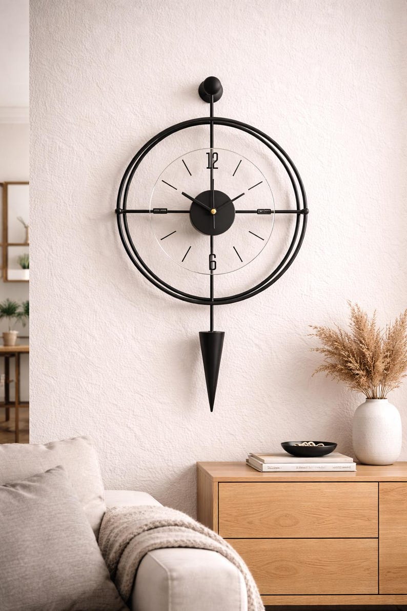 Unique Black Metal Wall Clock With Pendulum, Modern Glass Wall Clock ...