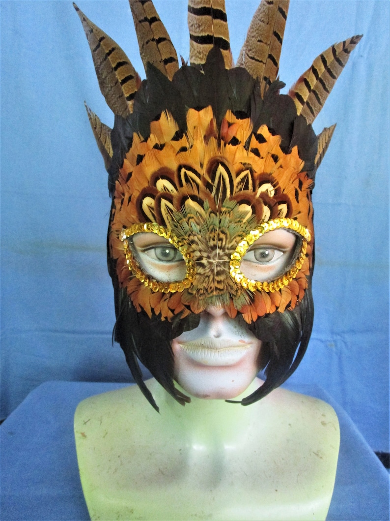 English ringneck pheasant feather mask with coquil accents 1062