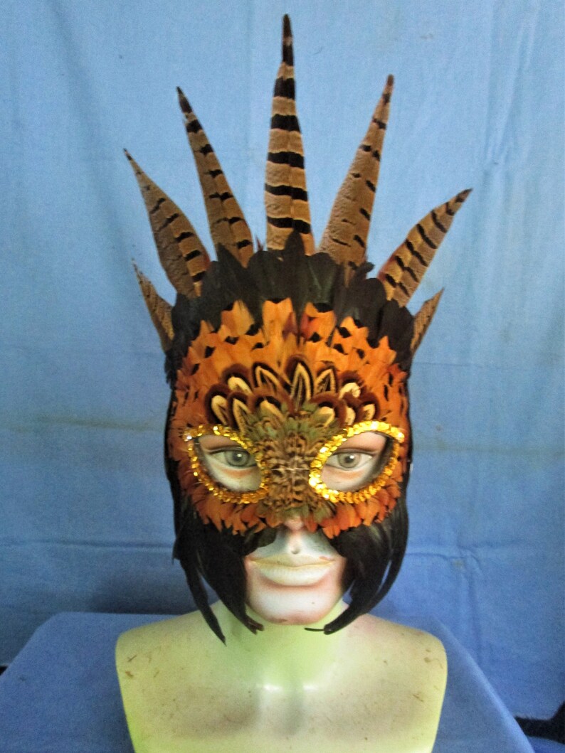 English ringneck pheasant feather mask with coquil accents 1062