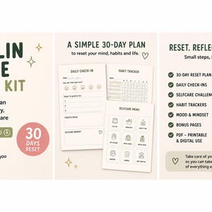 Op de afbeelding: Digitale download van een "Goblin Mode Reset Kit" met een 30-dagenplan voor meer energie, focus en zelfzorg. Inclusief een dagelijkse check-in, habit tracker, zelfzorgmenu en bonuspagina's.