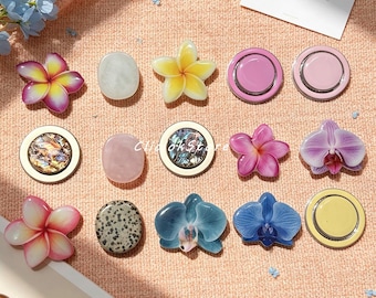 Orchid Flower Handmade Phone Grip, Real Stone Magnetic Phone Base, Hibiscus Floral Folding Grip For Kindle