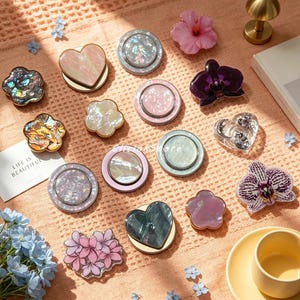 May include: A collection of various phone grips featuring diverse shapes and designs, including heart, flower, and circular forms with iridescent, pearlescent, and floral patterns. A small white card with the text LIFE IS BEAUTIFUL is visible.