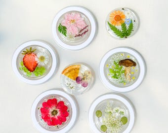Può includere: Una collezione di sottobicchieri rotondi in resina trasparente, ciascuno contenente fiori secchi, una fragola, un fungo e altri elementi botanici. I sottobicchieri hanno bordi bianchi e sono disposti su una superficie bianca.