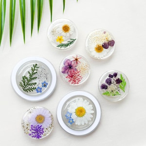 Puede incluir: Seis posavasos redondos de resina transparente con diferentes diseños de flores prensadas. Los posavasos tienen un anillo exterior blanco y un anillo interior transparente. Las flores incluyen margaritas blancas, flores moradas y blancas, un helecho, una flor morada con un centro rojo y una margarita blanca con nomeolvides azules.
