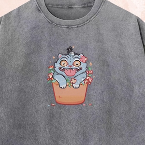 Embroidered Tiger and Bird Washed Washed Shirt, Demon Hunter Tee, KPOP Band Huntrix Fan Shirt, Funny Derpy Tiger, Saja Girls, Gift for Him