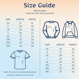 Puede incluir: Gu&iacute;a de tallas de ropa en pulgadas, mostrando medidas para camisetas, sudaderas y sudaderas con capucha. Incluye dimensiones de largo y ancho para tallas XS a 4XL. El texto indica un posible error de 1-2 cm por medici&oacute;n manual.