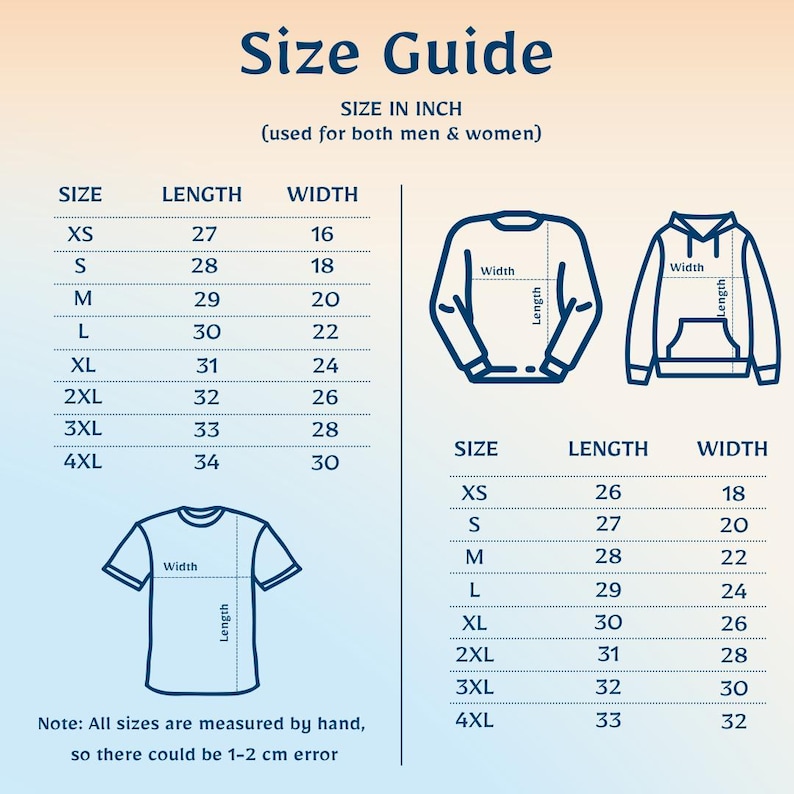 Puede incluir: Gu&iacute;a de tallas de ropa en pulgadas, mostrando medidas para camisetas, sudaderas y sudaderas con capucha. Incluye dimensiones de largo y ancho para tallas XS a 4XL. El texto indica un posible error de 1-2 cm por medici&oacute;n manual.