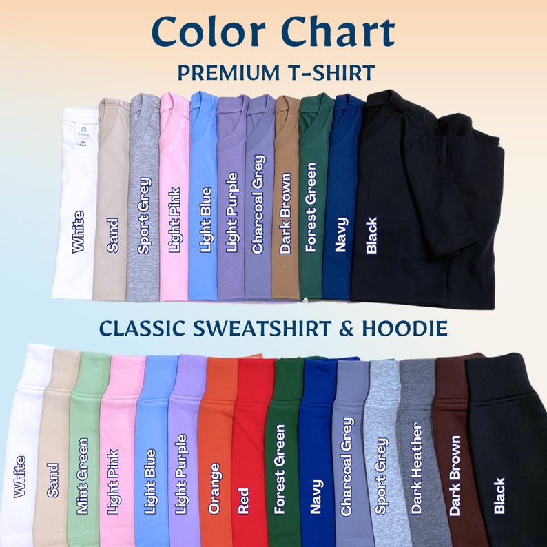Puede incluir: Carta de colores de camisetas premium y sudaderas y sudaderas con capucha cl&aacute;sicas. Las camisetas se muestran en una fila de colores que incluyen blanco, arena, gris deportivo, rosa claro, azul claro, morado claro, gris carb&oacute;n, marr&oacute;n oscuro, verde bosque, azul marino y negro.