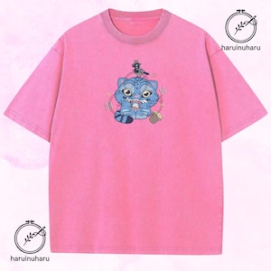 Embroidered Tiger and Bird Washed Washed Shirt, Demon Hunter Tee, KPOP Band Huntrix Fan Shirt, Funny Derpy Tiger, Saja Girls, Gift for Him