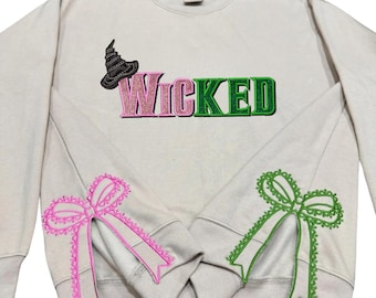 Wicked Glitter Colorful Side Bow Embroidered Sweatshirt, Elphaba Glinda Defy Gravity Crewneck, Wizard of Oz Movie Fan Shirt, Halloween Gift
