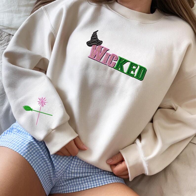 Wicked Glitter Colorful Embroidered Sweatshirt, Defy Gravity Broomstick Magic Wand Hoodie, Wizard of Oz Movie Fan Shirt, Gift For Her image 4