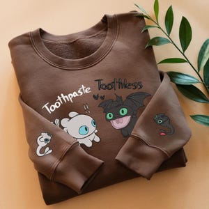 Gesticktes Ohnezahn & Zahnpasta Sweatshirt, Drachen fahren Shirt, lustiger Drache gestickter Hoodie, Geschenke für Cartoon-Liebhaber