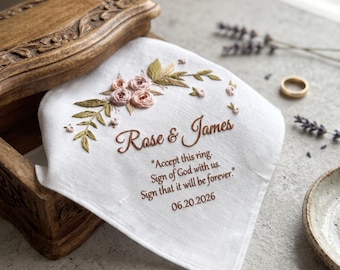 Personalized Wedding Vows Handkerchief, Embroidered Rose Floral Hankie, Custom Name & Date Embroidered Wedding Gift, Bride Groom Keepsake